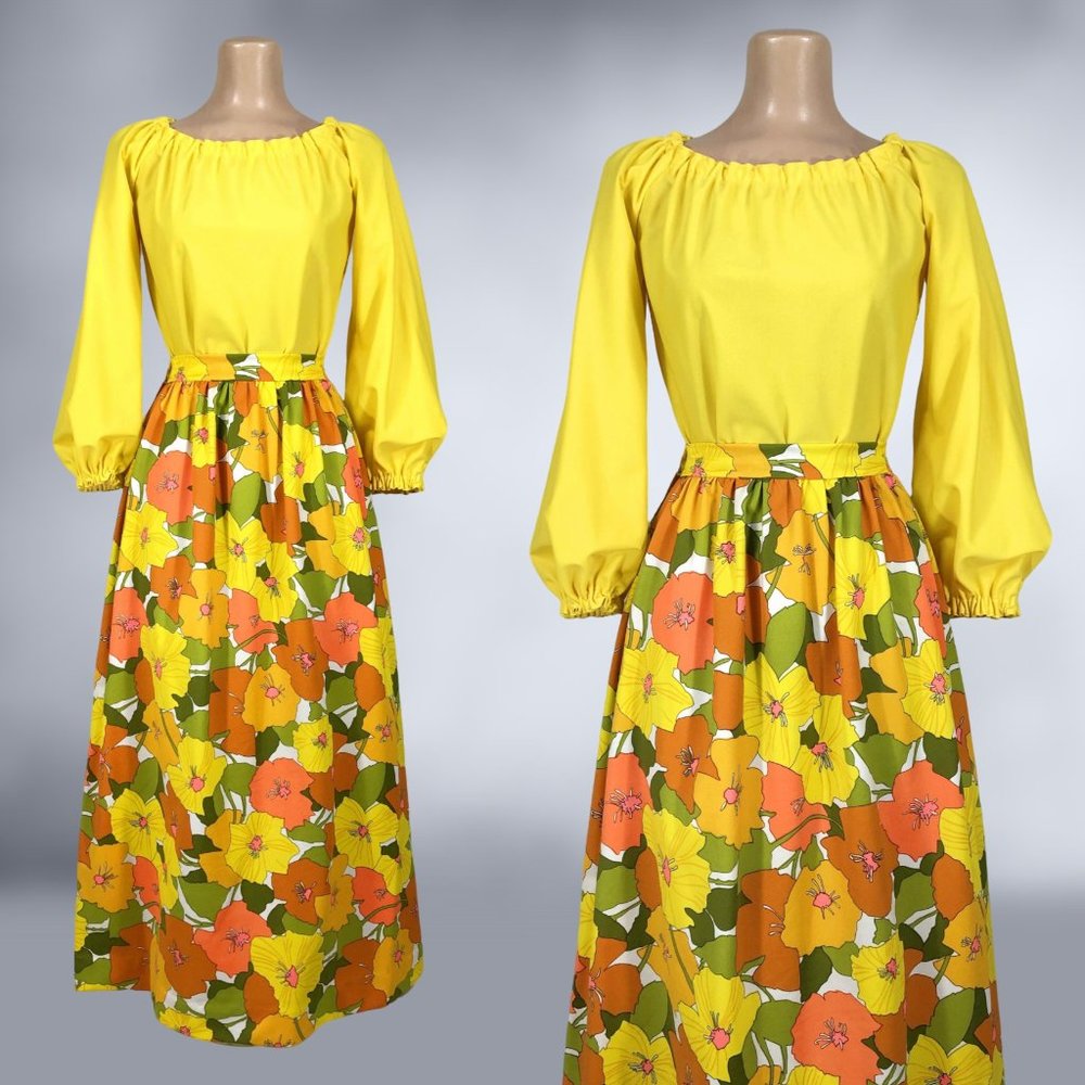 VINTAGE 70s Flower Power Maxi Skirt and Balloon Sleeve Blouse Set Handmade - Picture 3 of 9